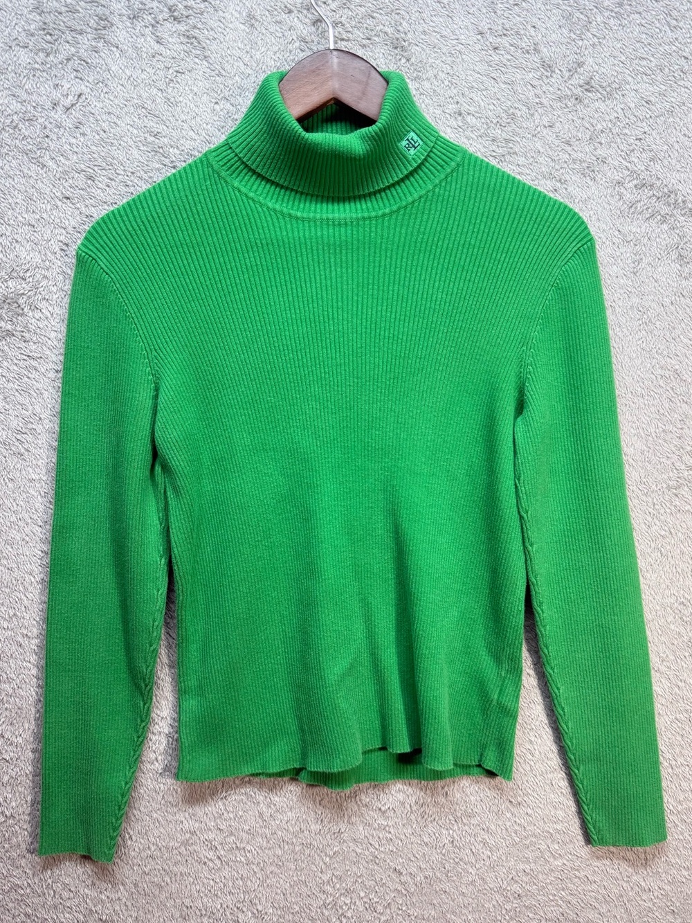 Lauren Ralph Lauren Kelly Green Ribbed Turtleneck Sweater Cotton Size M